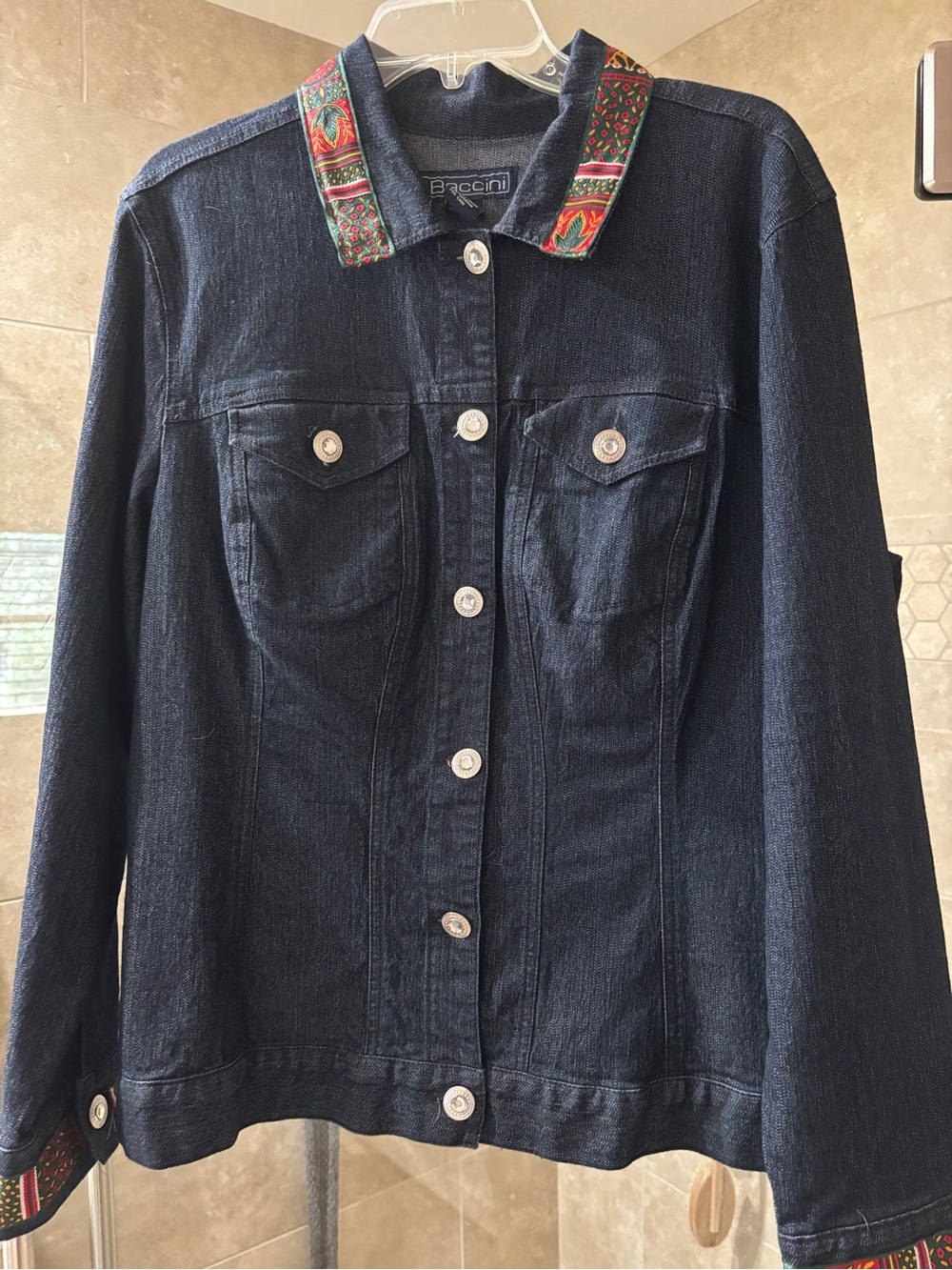 Baccini Navy Denim Jacket with Multicolor Embroidered Collar
